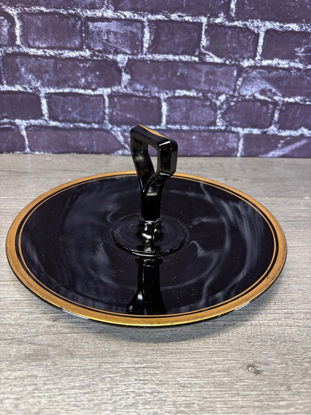 Vintage Black and Gold Glass Serving Stand